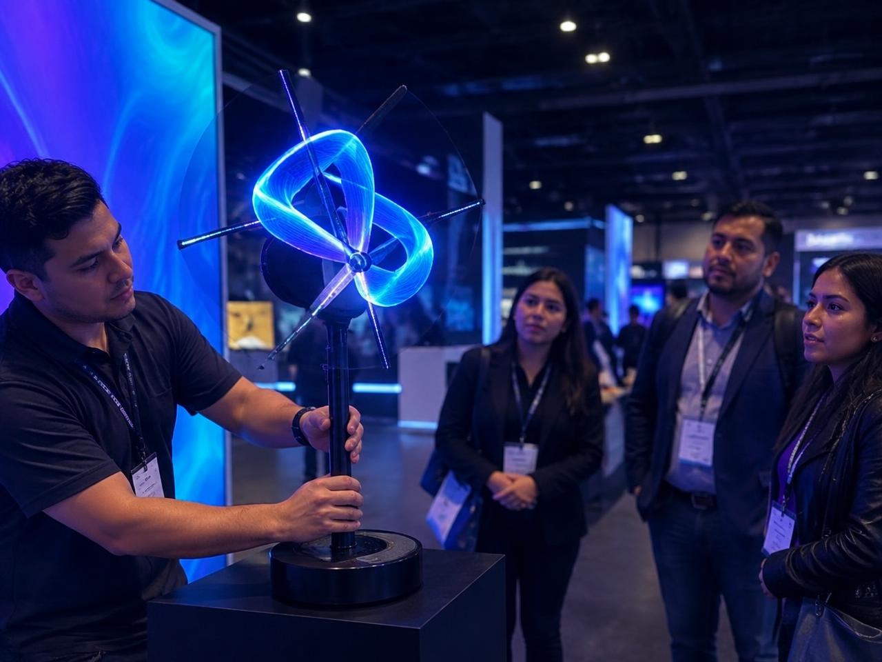 Technician setting up a 3D hologram fan display at a trade show booth