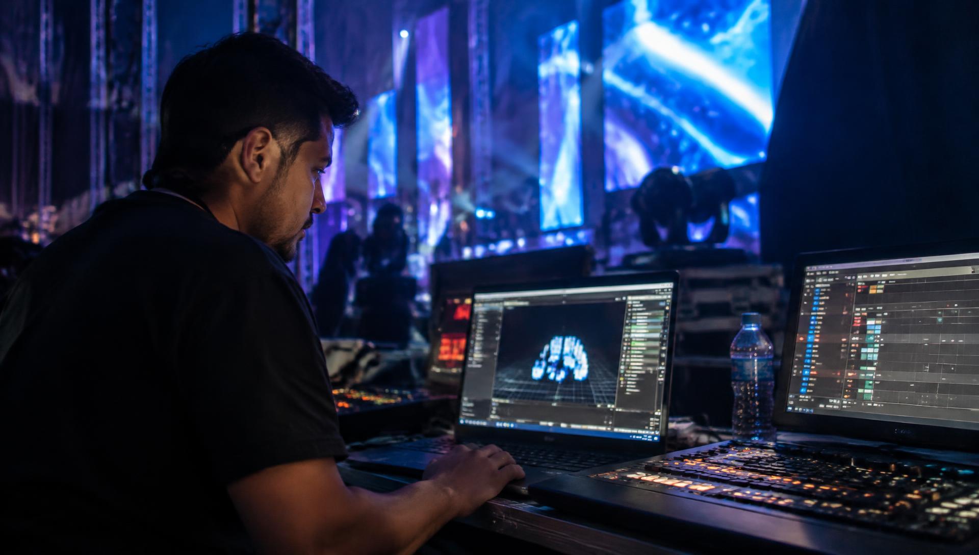 Event technician at a media control desk editing 3D motion graphics with glowing stage screens behind him