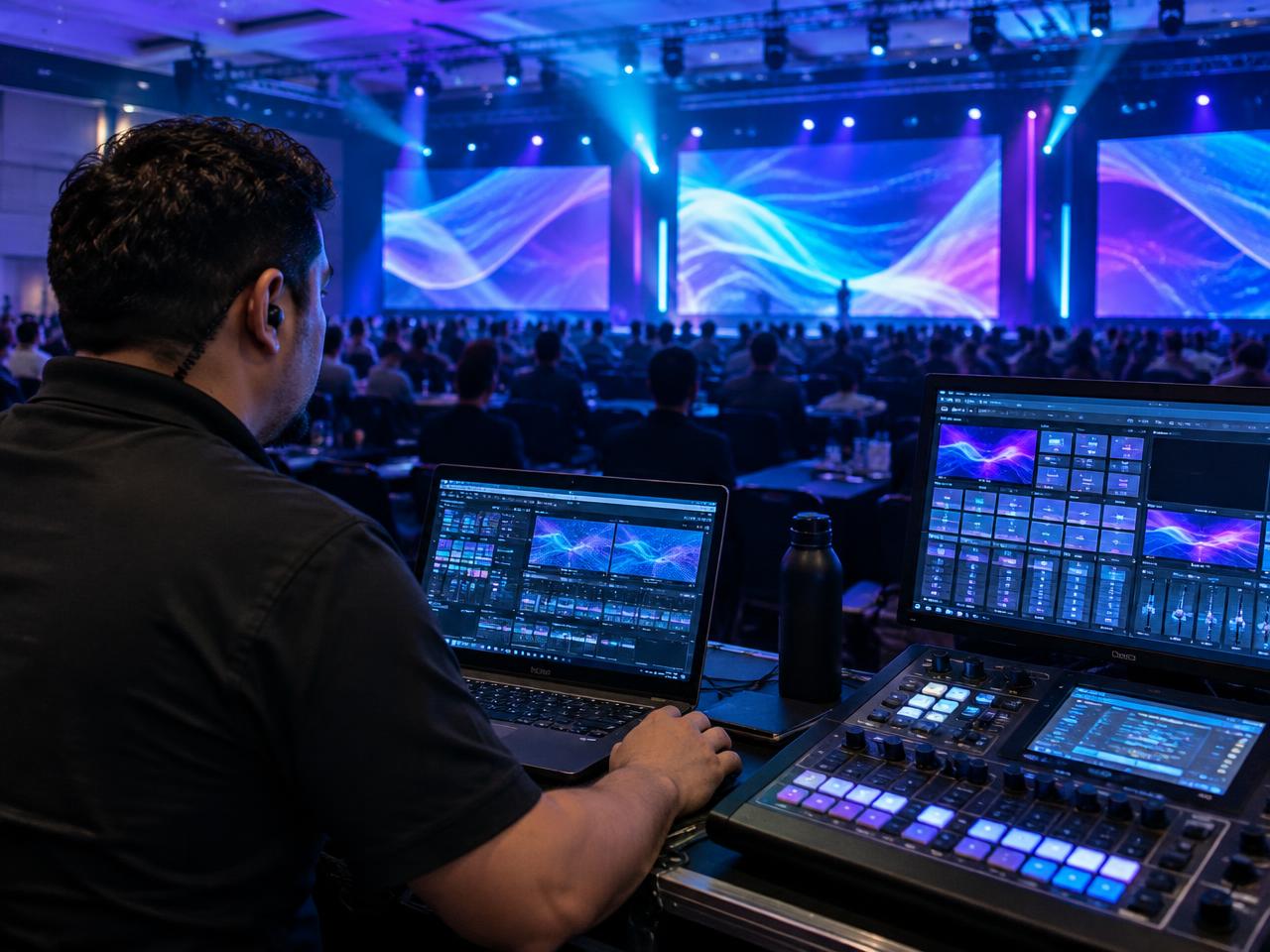Event technician running media and lighting cues at a conference control desk