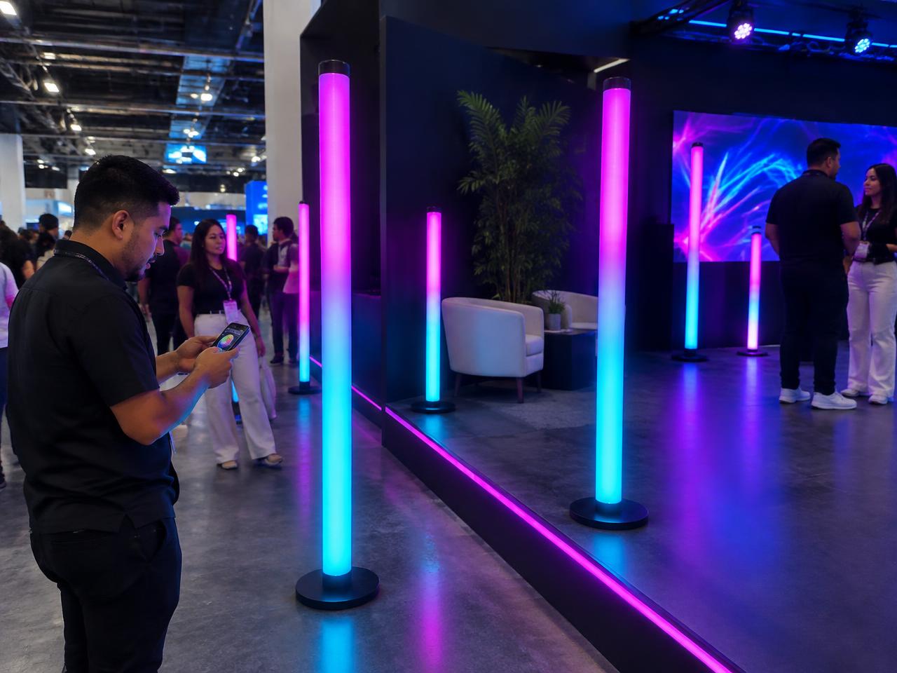 Wireless LED tube lights glowing around an exhibition booth
